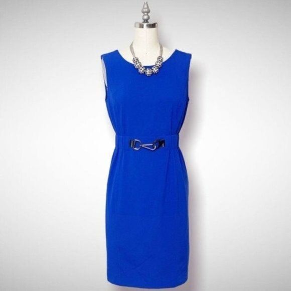 Calvin Klein Royal Blue Sleeveless Sheath Dress with Elastic Buckle Waist 2 - Picture 1 of 9